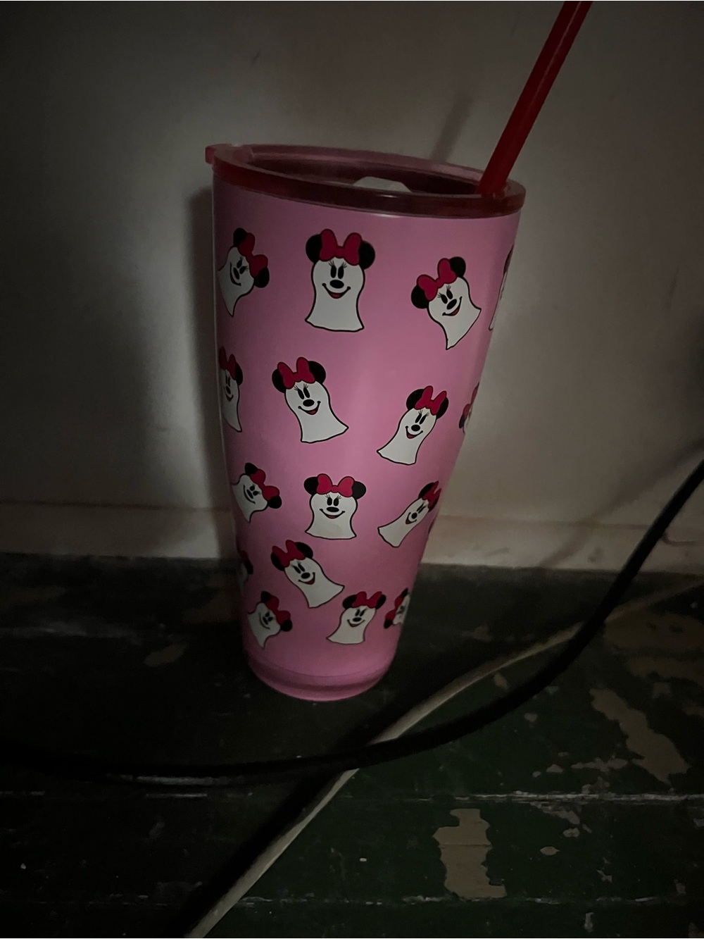 Pink Minnie Ghost Travel Tumbler with Lid and Straw